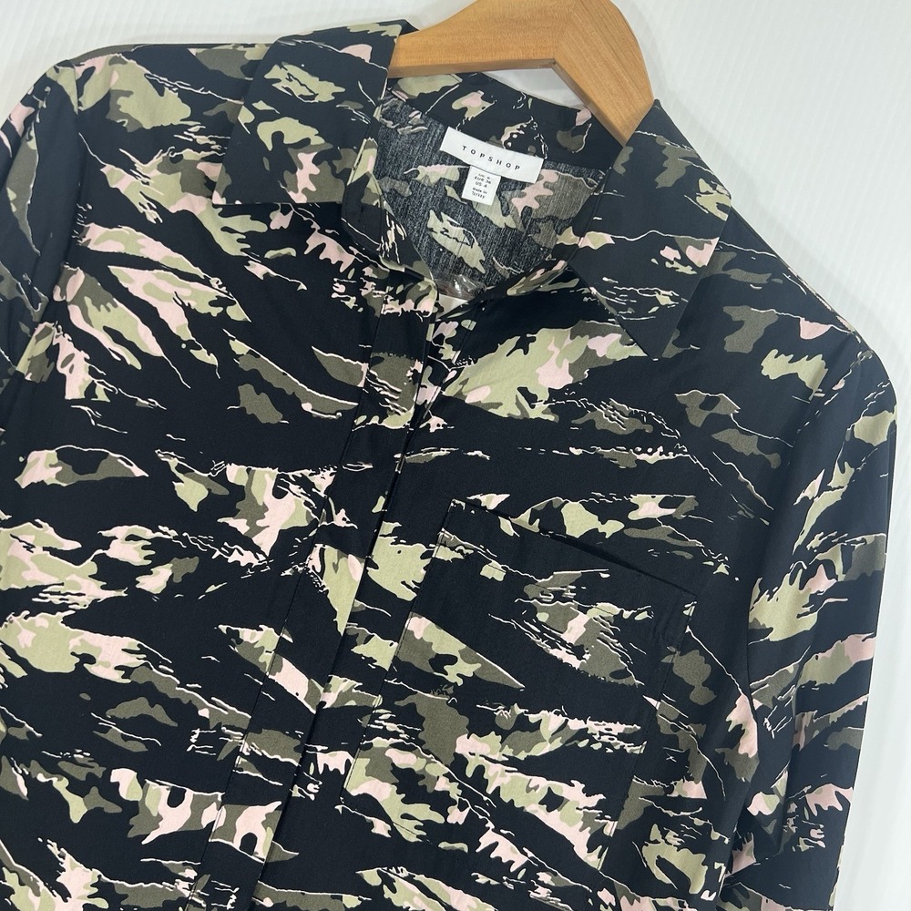 Topshop Oversized Camo Long Sleeve Button Down Shirt Size 4 Green NEW - Picture 4 of 14